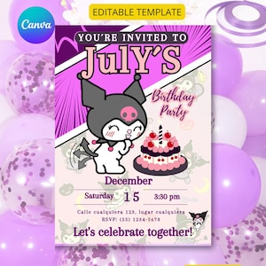 Bearbeitbare Kuro-omi Geburtstagseinladung, Kuro-mi Digitale Einladung - Kawaii Geburtstagsvorlage, Kuromi Party, Einladungskarte,