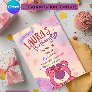 Lotso Bär Einladung, editierbare Vorlage, Canva, Lotso Party, Toy Story, Lotso Geburtstagskartenvorlage, Einladungskarte Lotso, Erdbeerbär
