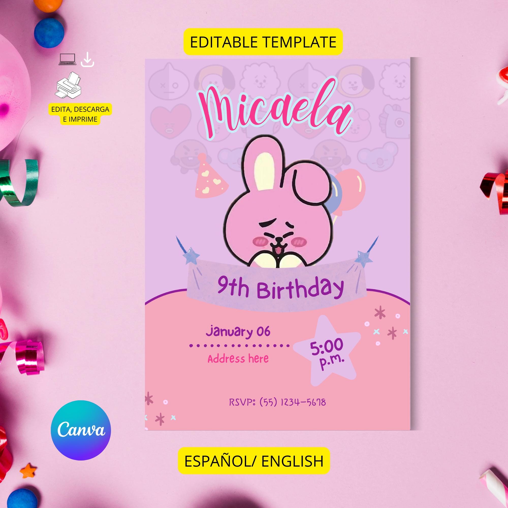 Bt21 birthday invitation, editable in canva, editable template, Bts fans, cooky birthday, cooky Bt21, customizable template