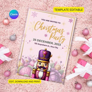 Convite da festa de Natal | Convite do Quebra-nozes | Modelo editável, Modelo editável de convite para festa de Natal, Quebra-nozes