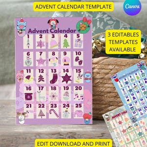 Editable Advent Calendar Templates - 3 Designs Available | Digital, Customizable and Printable, advent calendar printable