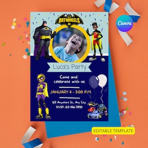 Editable Batwheels Birthday Invitation Template, Customizable Batwheels invitation, Canva Batwheels party invitation, Invitation template