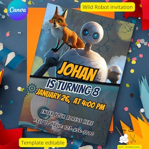Editable Birthday Invitation in Canva, Wild Robot Theme, Printable Digital Template, wild robot party