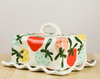 Handmade Ceramic Strawberry Butter Dish, Covered Butter Dish with Lid, Cute Pottery Butter Keeper, Kitchen Decor, Made in Australia