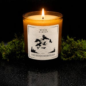 May include: A lit candle in a dark glass jar with a white label featuring black text that reads WICK & WISP and THE SEVEN WHISTLERS, accompanied by a black ink illustration of seven birds in flight against a textured, off-white paper background.