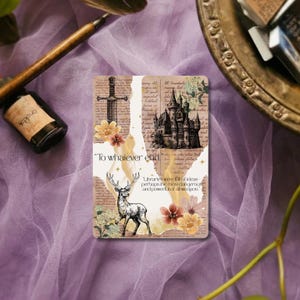 May include: A rectangular card featuring a collage of vintage paper, a black ink illustration of a castle, a sword, and a deer. The text reads: To whatever end. Libraries were full of ideas—perhaps the most dangerous and powerful of all weapon.