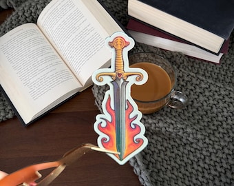 Pegatina de espada romántica con fuego / Pegatina de fantasía literaria / Estética inspirada en Trono de Cristal