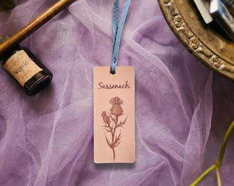 Engraved Leather Bookmark – “Sassenach” with Thistle | Outlander Inspired Gift for Book Lovers