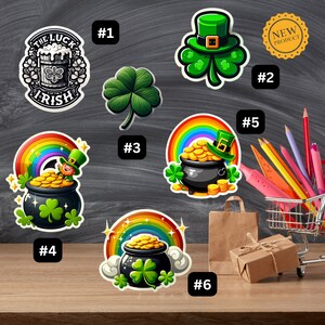 Cute St. Patrick&#39;s Day Stickers, St. Patrick&#39;s Day Leprechaun, Pot of Gold, Luck of the Irish, Rainbow, Journal, Laptop, Vinyl Sticker (B)