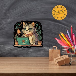 Fat Cat on Laptop Sticker, Pet Lovers Stickers, Cat Lovers, Pets at Work, Laptop, Water Bottle, Junk Journals, Gift Stickers, Funny #6