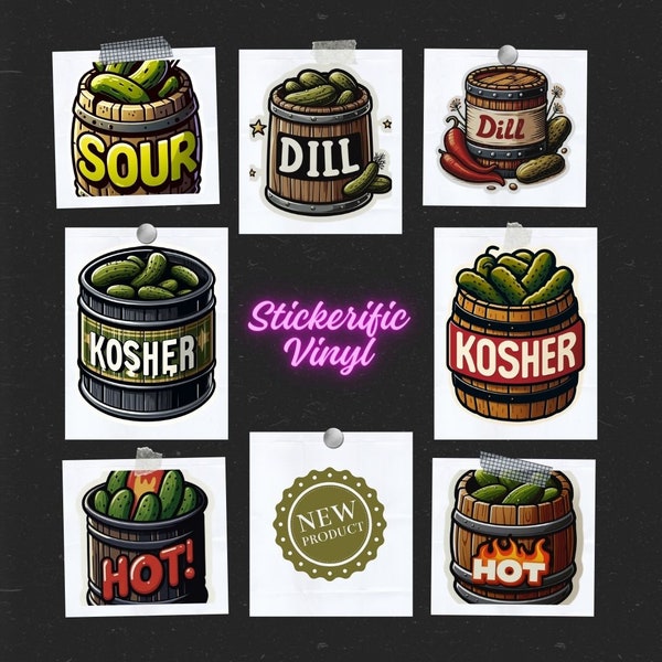 Funny Pickles in a Barrel Vinyl Stickers, Hot, Sour, Dill, Kosher, Foodie, Cute, Delectable, Food, Laptop, Water Bottle, Journals, Cookbook