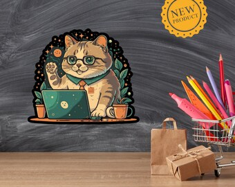 Fat Cat on Laptop Sticker, Pet Lovers Stickers, Cat Lovers, Pets at Work, Laptop, Water Bottle, Junk Journals, Gift Stickers, Funny #3