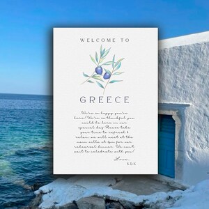 Grecia Bienvenido Tarjeta de boda Destino Boda Rama de Olivo Acuarela Arte Gracias Tarjeta Santorini Mykonos