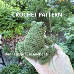 May include: A green crocheted frog amigurumi with black plastic eyes. The text CROCHET PATTERN is displayed at the top, and the text RealAmigurumiAndMore is visible across the lower section of the green yarn frog figure.