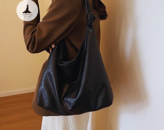 Vegan Soft Leather Slouchy Hobo Shoulder Bag - Vegan Leather Tote Bag with Magnetic Snap, Large Capacity Hobo Work Bag, Tote Bag, Gifts