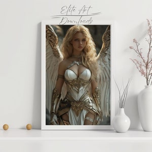 PRINTABLE Angelic Warrior Wall Art Female Guardian in Gold Armor Fantasy Ethereal Angel Home Decor Digital Download Inspirational Art Print