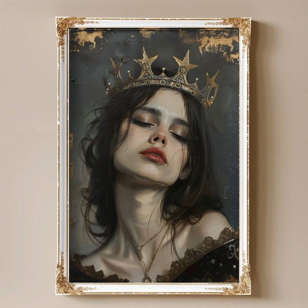 PRINTABLE Victorian Queen Portrait Painting Gothic Home Decor Wall Art Antique Royal Crown Artwork Dramatic Dark Aesthetic Bedroom Decor