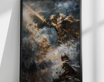 IMPRIMIBLE Epic Fantasy Knight Battle Art / Descarga digital / Guerrero medieval en combate épico / Decoración de arte de pared imprimible / Obras de arte de fantasía