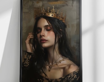 Royal Portrait Printable Art Digital Download Elegant Queen with Crown Painting Gothic Fantasy Wall Art Dark Academia Decor Artistic Print