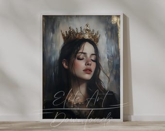 Königliches Portrait druckbare Kunst Digital Download Elegante Prinzessin mit Krone Malerei Gothic Fantasy Wand Kunst Dekor Künstler Druck