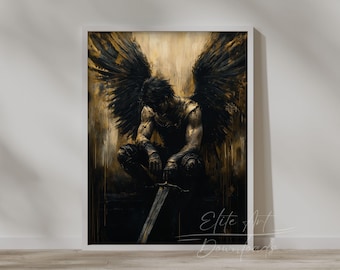 PRINTABLE Dark Warrior Wall Art Fallen Angel with Sword Fantasy Art Inspirational Home Decor Digital Download Gothic Ethereal Warrior Print