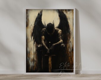 PRINTABLE Dark Warrior Wall Art Fallen Angel with Sword Fantasy Art Inspirational Home Decor Digital Download Gothic Ethereal Warrior Print