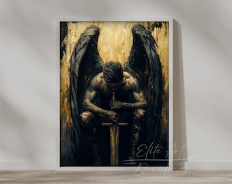 PRINTABLE Dark Warrior Wall Art Fallen Angel with Sword Fantasy Art Inspirational Home Decor Digital Download Gothic Ethereal Warrior Print