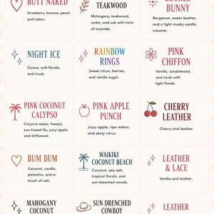 Pu&ograve; includere: Un elenco di profumazioni che presenta quindici opzioni di fragranze con nomi descrittivi e note olfattive, tra cui Butt Naked, Mahogany Teakwood, Buckle Bunny, Night Ice, Rainbow Rings, Pink Chiffon, Pink Coconut Calypso, Pink Apple Punch, Cherry Leather, Bum Bum, Waikiki Coconut Beach, Leather & Lace, Mahogany Coconut, Sun Drenched Cowboy, Leather, Cocoa Butter Cashmere e Strawberry Cake Pop, con tre piccole sfere in basso.