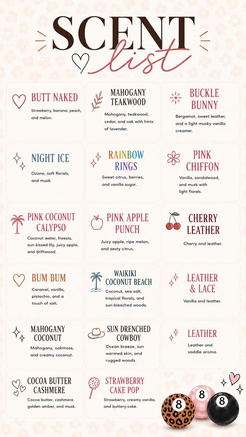 Pu&ograve; includere: Un elenco di profumazioni che presenta quindici opzioni di fragranze con nomi descrittivi e note olfattive, tra cui Butt Naked, Mahogany Teakwood, Buckle Bunny, Night Ice, Rainbow Rings, Pink Chiffon, Pink Coconut Calypso, Pink Apple Punch, Cherry Leather, Bum Bum, Waikiki Coconut Beach, Leather & Lace, Mahogany Coconut, Sun Drenched Cowboy, Leather, Cocoa Butter Cashmere e Strawberry Cake Pop, con tre piccole sfere in basso.