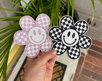 Checkered Flower Car Freshie: Smiley Face Car Accessory