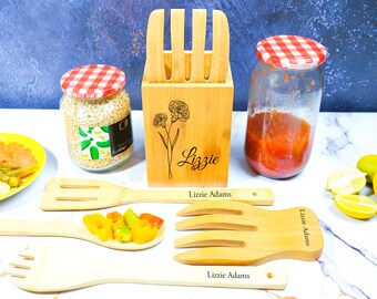 Custom Birth Flower Utensil Holder, Bamboo Kitchen Tools with Holder, Birth Flower Holder, Flower Kitchen Tools, Birthday Gift, Gift For Her