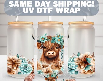 UV DTF Transfers Highland Cow , Ready to Apply Cup Wrap, Ready To Ship, No Heat Needed, 16 oz Cup Wrap, Ready To Apply, Waterproof, Uvdtf