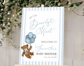 We Can Bearly Wait Baby Shower Welcome Sign, Blue Watercolor Teddy Bear Baby Shower, Preppy Blue Striped Baby Boy Teddy Bear Shower Sign