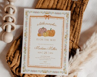 Little Pumpkin Baby Shower Invite, Whimsical Fall Floral Baby Shower Invitation, Autumn Baby Shower,  Elegant Invite, Gender Neutral Shower