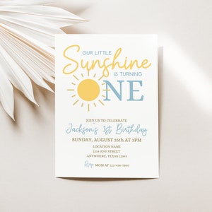 May include: A yellow and blue birthday invitation with a sun graphic and the text "Our Little Sunshine is Turning One". The invitation includes the text "Join us to celebrate Jackson's 1st Birthday" and details for the event.