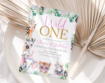 Editable Wild One Birthday Invite Safari First Birthday Party Girl Wild One Pink Invite Jungle Animal Birthday Boho Party Animals Invitation