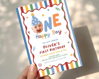 One Happy Boy 1st Birthday Invite, Fun to Be One Birthday Invitation, One is Fun Party Hat Invite, Colorful Boy First Birthday Photo Invite