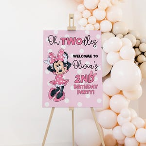 Oh Twodles födelsedagsvälkomstskylt Redigerbar Minnie 2-års födelsedagsskylt Söt mus andra födelsedag Oh Twodles inbjudan Boho flicka Minnie inbjudan bild 1
