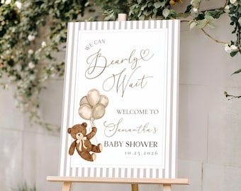 We Can Bearly Wait Baby Shower Welcome Sign, Gender Neutral Watercolor Teddy Bear Baby Shower, Boho Brown Striped Teddy Bear Shower Sign