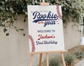 Rookie of the Year First Birthday Welcome Sign, Baseball First Birthday Party Theme, Boy My First Birthday Sign, Rookie Year Party Decor