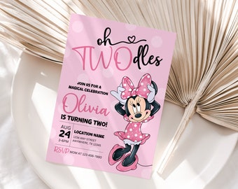 Editable Oh TWOdles Birthday Invitation Digital 2nd Birthday Cute Mouse Second Birthday Invite Oh Twodles Invitiation Boho Minimalist Invite