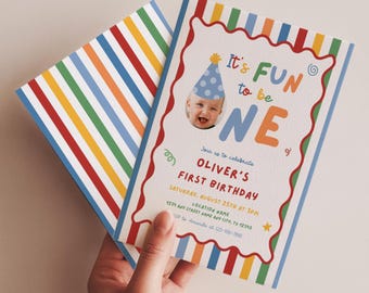 Fun to Be One Birthday Invitation, One is Fun Party Hat Birthday Party, Colorful Boy First Birthday Invite, Custom Photo 1st Birthday Invite