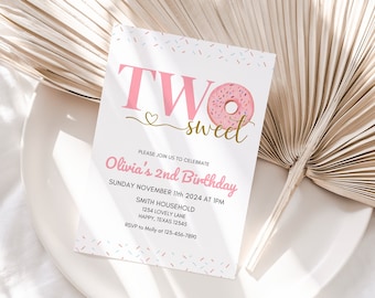 Editable Two Sweet Donut Birthday Invite Girl 2nd Birthday Donut Invitation Blush Pink Boho Minimalist Invite Second Birthday Donut Party