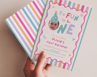 Fun to Be One Birthday Invitation, One is Fun Party Hat Birthday Party, Colorful Girl First Birthday, Custom Photo 1st Birthday Invite