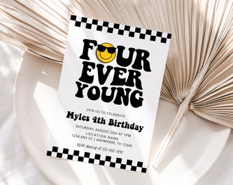 Bewerkbare jongen vierde verjaardagsuitnodiging Four Ever Young partij uitnodigen smileygezicht Retro verjaardag uitnodigen Forever Cool Party Instant Download