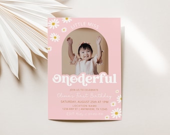 Invitación de primer cumpleaños editable Boho Daisy 1er cumpleaños para niñas Pink Little Miss Onederful Invitar 1er cumpleaños invitación con imagen