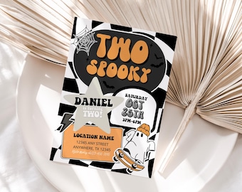 Editable Halloween Party Invitation Two Spooky Halloween Birthday Invite Boy 2nd Birthday Party Trendy Retro Ghost Spooktacular Party Invite