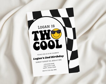 Editable Two Cool Birthday Invitation Two Cool Party Boy 2nd Birthday Party Checkered Retro  Sunglasses Birthday Party Instant Download