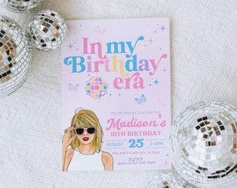 Könnte beinhalten: Eine rosa und lilafarbene Geburtstagseinladung mit einer Discokugel und Schmetterlingen. Der Text lautet "In my Birthday era" und "Madison's 10th Birthday".
