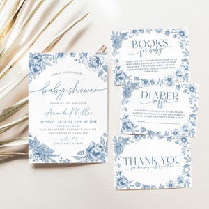 Toile De Jouy Blue Baby Shower Invitation Blue Baby Shower Bundle Vintage Elegant Chinoiserie Blue Floral Baby Invitation Boy Baby Shower